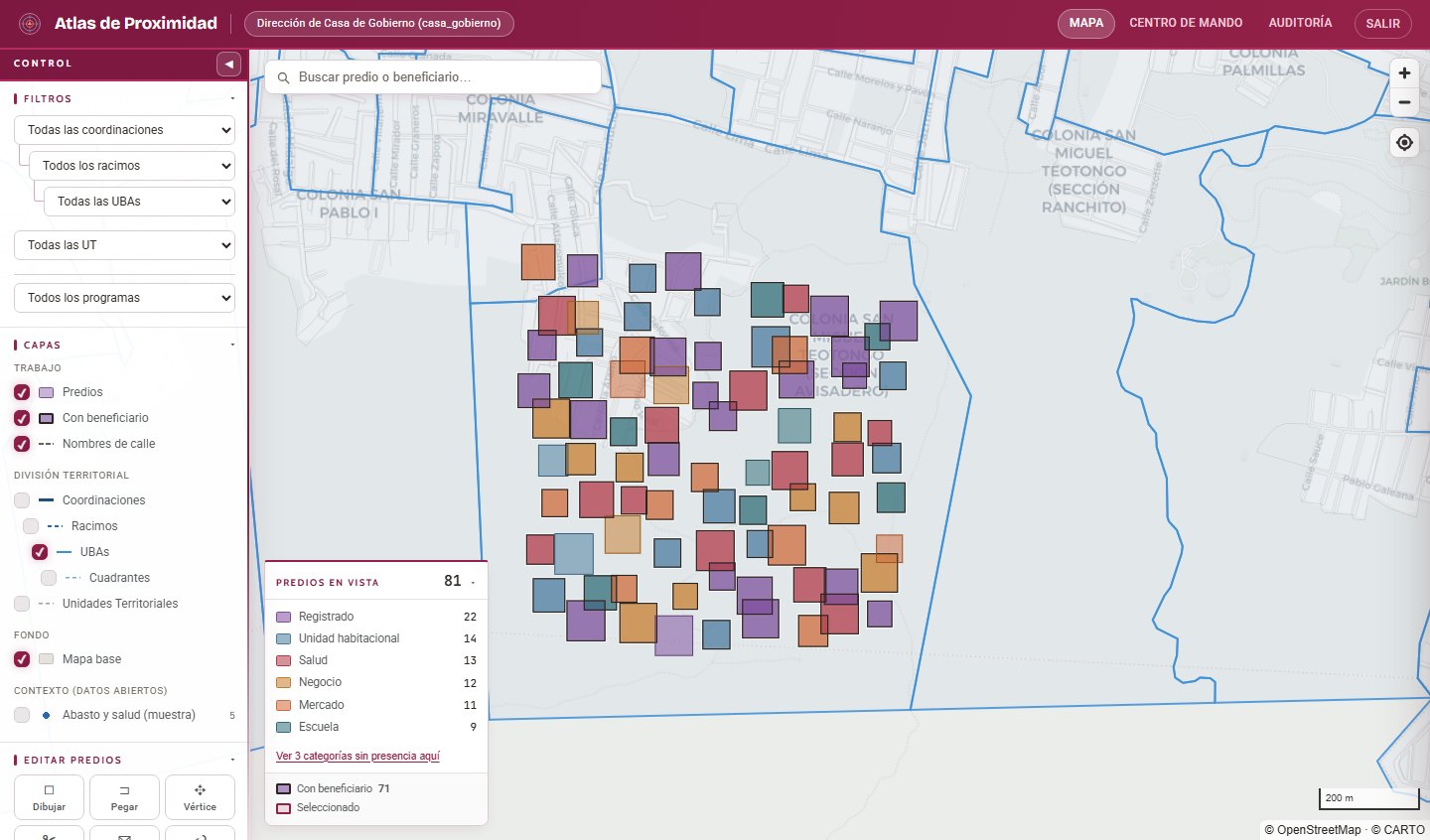 Mapa interactivo del geoportal con capas de predios, UBAs y racimos activas sobre Iztapalapa