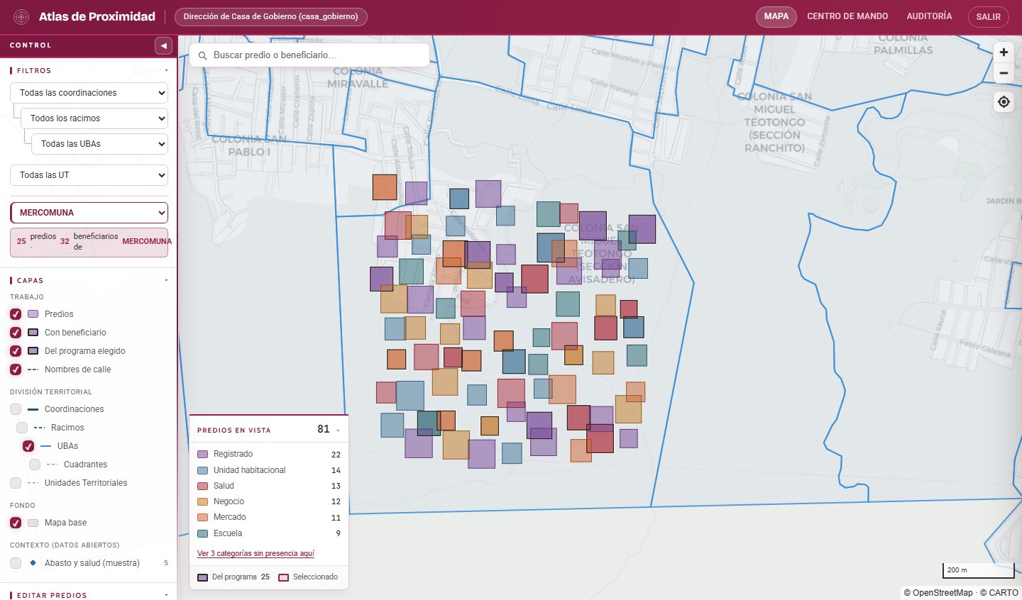 Mapa con los predios de un programa social resaltados en guinda sobre el territorio